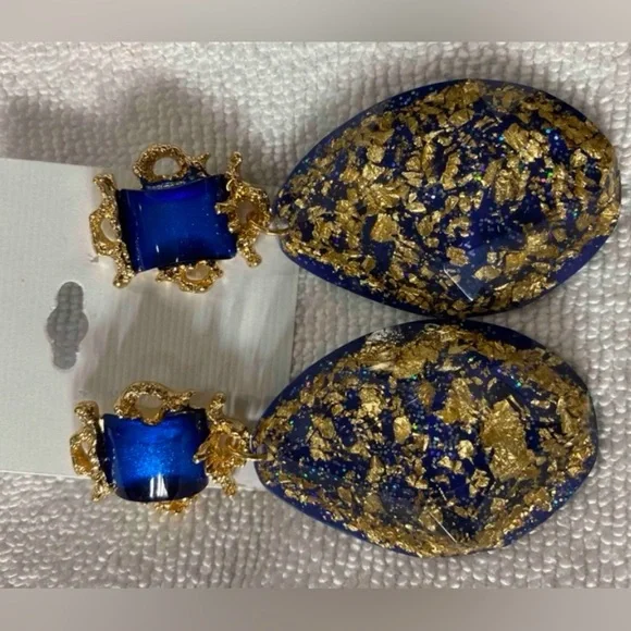 Vintage Elegant Resin Ellipse Earrings In Dark Blue Tone - Picture 6 of 7